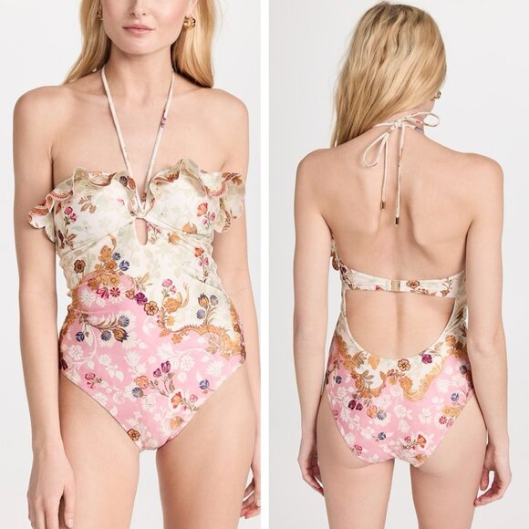 Zimmermann Other - Zimmermann Laurel Wire Frill Halter One Piece Pink Floral Swimsuit Size 2 US 8